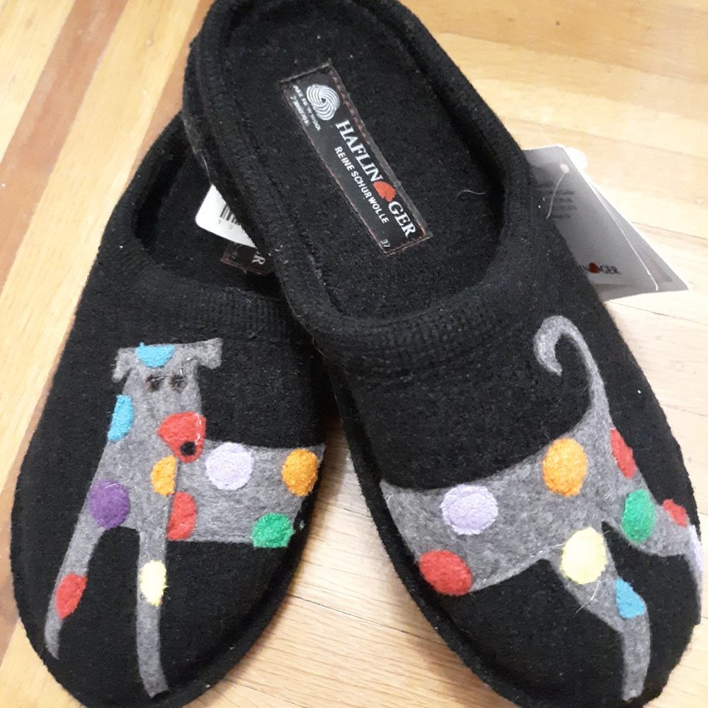 Haflinger black wool polka dot dog slippers NWT 6.5/37